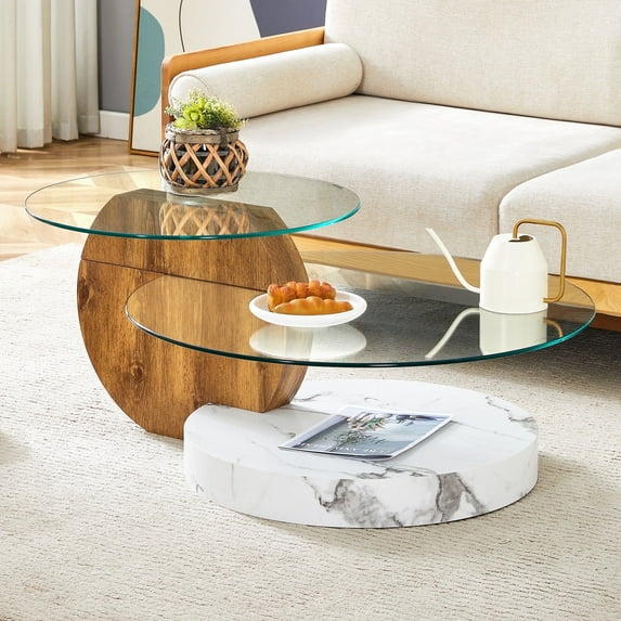 LUFTUT Glass Coffee Table, 3-Tier 42" Round Tempered Glass, Coffee Table for Living Room with Storage, Two-Tone Wood/White Marble-Look MDF Base, Modern Center Table
