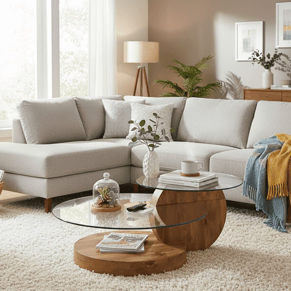 LUFTUT Glass Coffee Table for Living Room, 3-Tier 42" Round Table, Clear Tempered Glass with Dark Wood-Look MDF Base, Modern Center Table with Storage