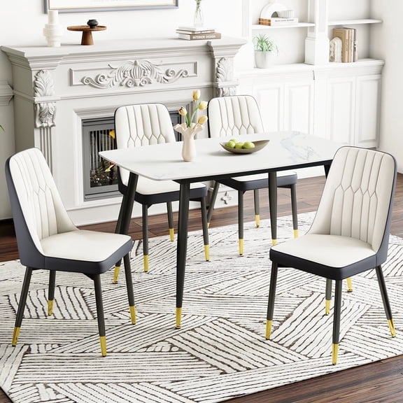 LUFTUT Modern Dining Chair with Metal Legs Set of 4, Ergonomic PU Leather Chair for Kitchen, Dining Room, Comfortable High Back Chair (Gray & White)