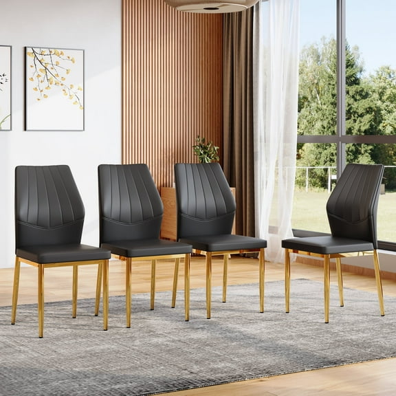 LUFTUT Modern Dining Chairs Set of 4, Black PU Leather Upholstered Kitchen Side Chairs, Ergonomic High-Back Design with Sleek Gold Metal Legs