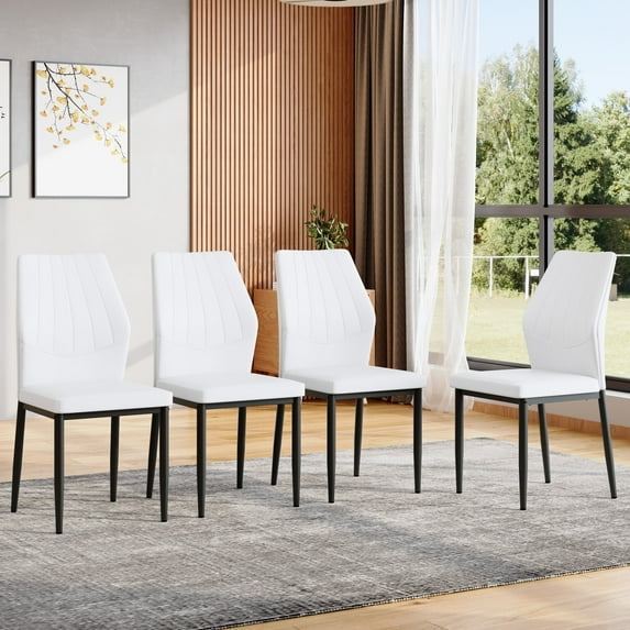 LUFTUT Modern Dining Chairs Set of 4, White PU Leather Upholstered Kitchen Side Chairs, Ergonomic High-Back Design with Sleek Black Metal Legs