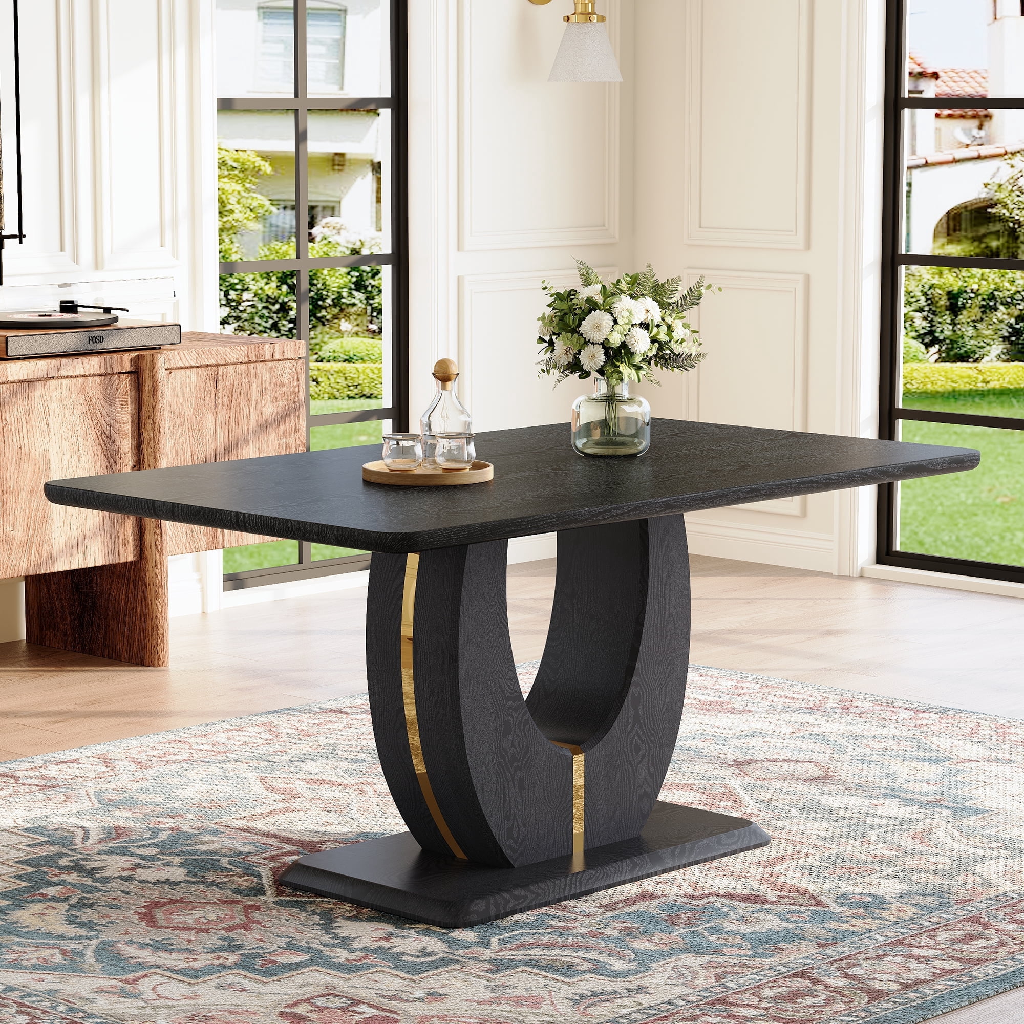 LUFTUT Modern Dining Table for 6, Black Wood Grain Kitchen Table with U ...