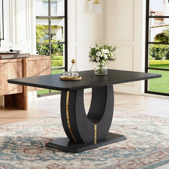 LUFTUT Modern Dining Table for 6, Black Wood Grain Kitchen Table with U-Shaped Pedestal Base and Gold Strip Accent, 1.8" Thick MDF Dinner Table, Rectangular Top, Easy Assembly for Apartment/Loft