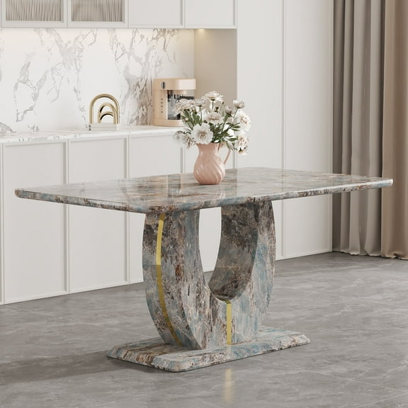 LUFTUT Modern Dining Table for 6, Gray Wood Grain Kitchen Table with U-Shaped Pedestal Base and Gold Strip Accent, 1.8" Thick MDF Dinner Table, Rectangular Top, Easy Assembly for Apartment/Loft