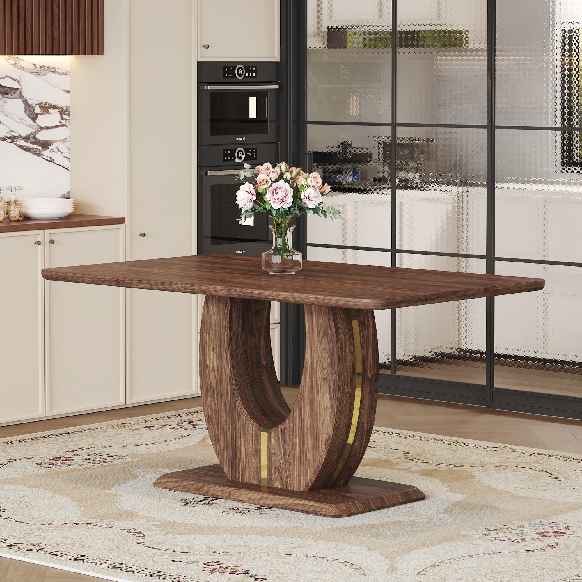 LUFTUT Modern Dining Table for 6, Walnut Kitchen Table with U-Shaped ...