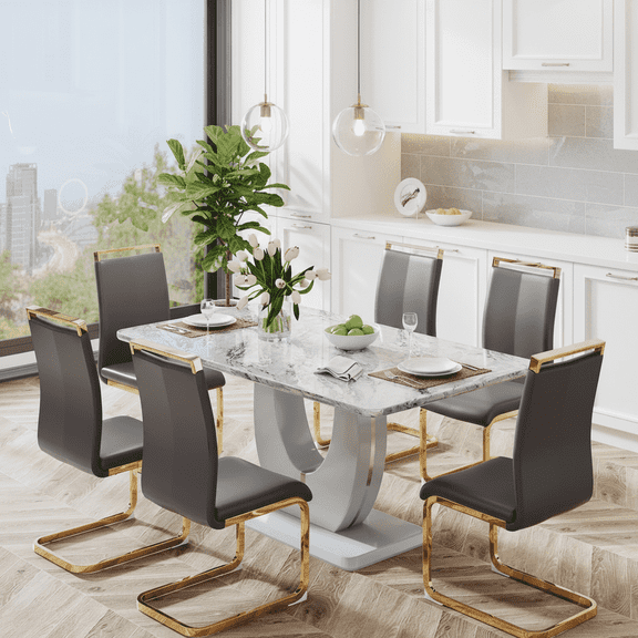 LUFTUT Modern Dining Table Set for 6,Faux Marble Rectangula Dining Room Table Set with 63 in Faux Marble Tabletop&6 Dark Gray Pu Upholstered Chairs Ideal for Dining Room, Kitchen, Easy Assembly