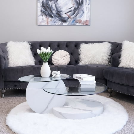 LUFTUT Modern Glass Coffee Table, 3-Tier 42" Round Tempered Glass, White Marble-Look MDF Base, Coffee Table with Storage for Living Room, Easy Assembly