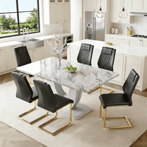 LUFTUT Modern Kitchen and Dining Table and Chairs Set - 63in Grey Rectangular Table with Faux Marble Top and 6 Dark Gray Faux Leather Chairs - Ideal for Dining Room,Easy Assembly