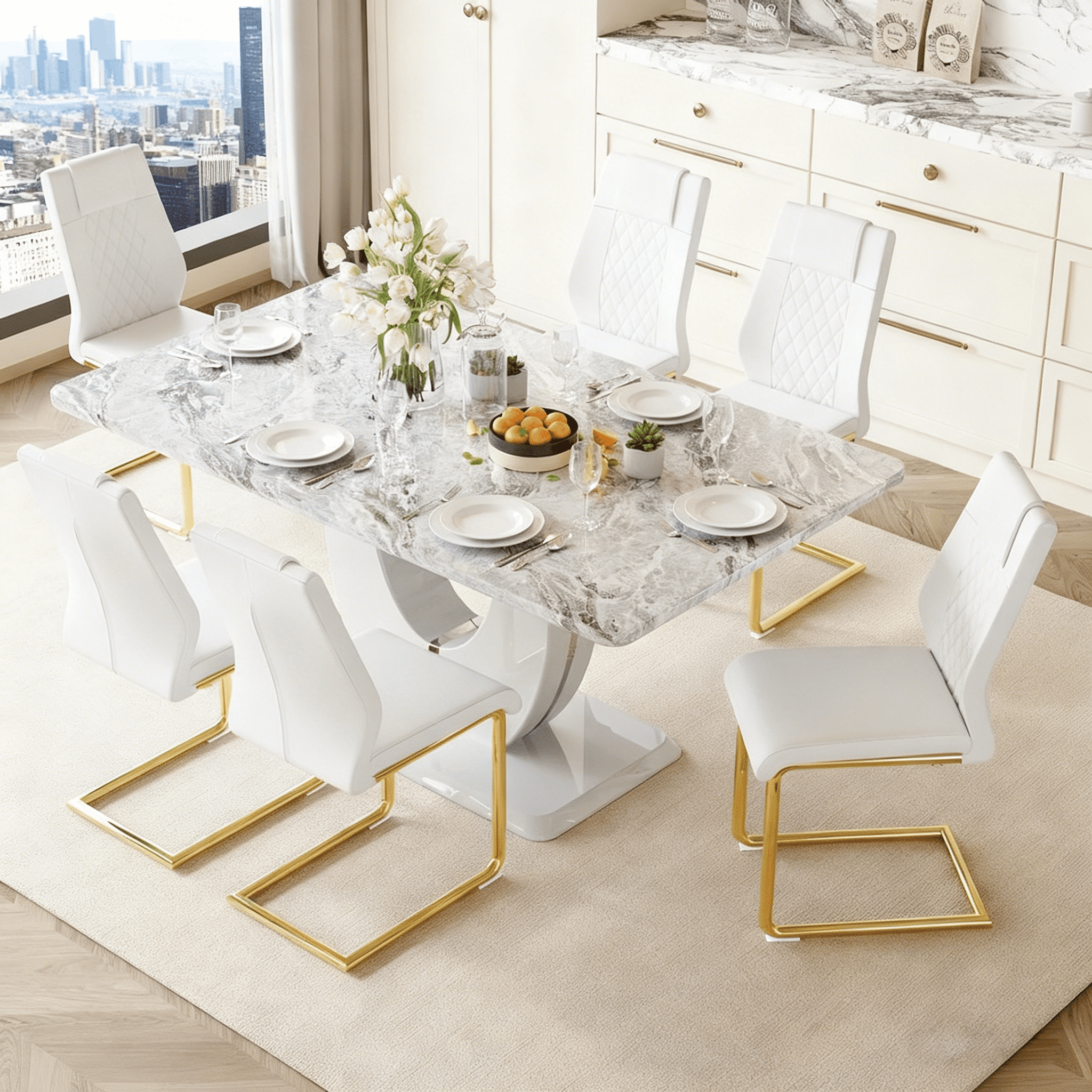 LUFTUT Modern Kitchen and Dining Table and Chairs Set - 63in Grey ...