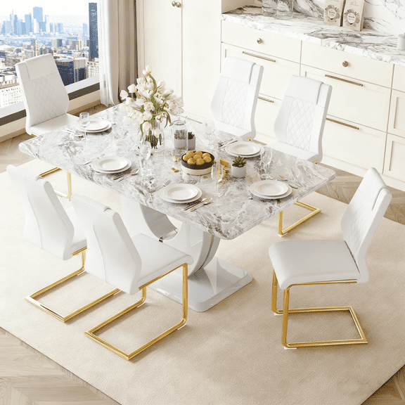 LUFTUT Modern Kitchen and Dining Table and Chairs Set - 63in Grey Rectangular Table with Faux Marble Top and 6 Faux Leather Chairs - Ideal for Dining Room,Easy Assembly