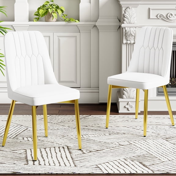 LUFTUT Modern PU Leather Dining Chair Set of 2, White Upholstered Chairs with Gold Metal Legs, Ergonomic Armless Chairs for Dining Room, Kitchen, Living Room, 300 lb Capacity