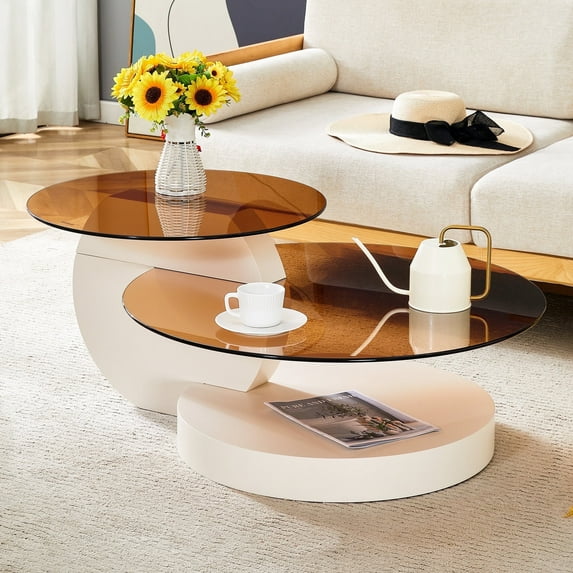 LUFTUT Round Coffee Table, 3-Tier Amber Glass Coffee Table for Living Room, 42" Tempered Glass, Cream Base with Storage Shelves, Easy Assembly