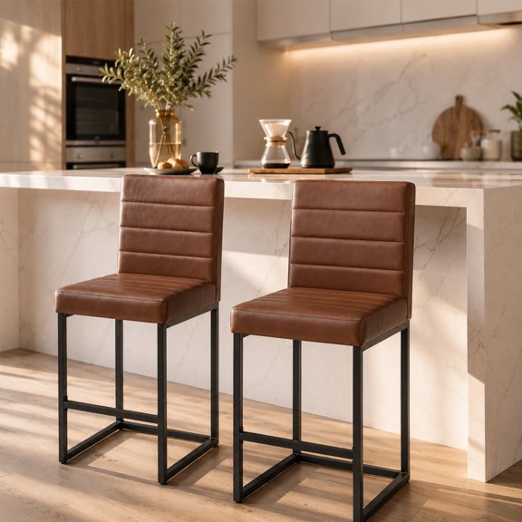 LUFTUT Set of 2 Counter Height Bar Stools, 25.6" Faux Leather Upholstered Kitchen Island Chairs with Backs, Metal Frame,Brown Bar Chairs for Dining Room Home Bar,Brown