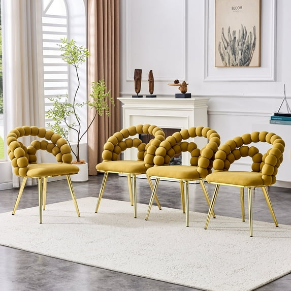LUFTUT Velvet Dining Chairs Set of 4, Modern Upholstered Kitchen & Accent Chairs, Yellow Upholstery with Gold Metal Legs, Luxury Vanity & Dining Room Furniture