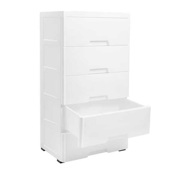 LUGBING 5 Drawer White Plastic Dresser Storage Cabinet with Removable Wheels, Vertical Clothes Storage Tower, Large Capacity Chest Drawer Organizer for Bedroom Closet Bathroom Hallway Office