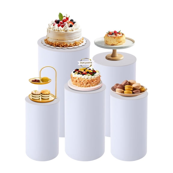 LUGBING 5Pcs White Round Cylinder Pedestal Stands Cake Flower Display Risers for Wedding Birthday Party