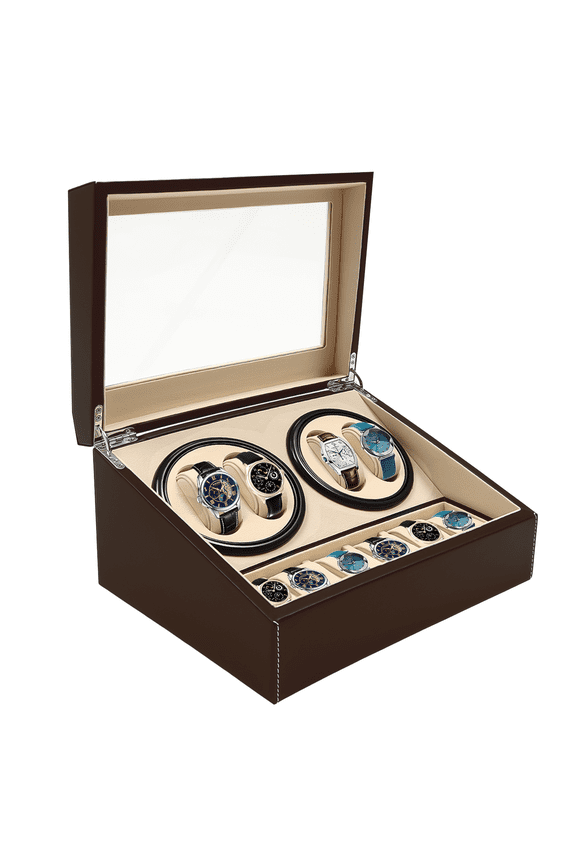 Automatic Watch Winder Box Luxury 4+6 Watches Storage Display Case Low Noise Rotation, Brown