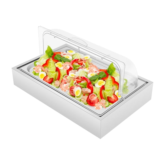 LUGBING Stainless Steel Ice Food Serving Tray 1.59Gal Cold Buffet Cooler Platter with Clear Lid Party Vendor Restaurant Seafood Salad Sushi Fruit Dessert Display