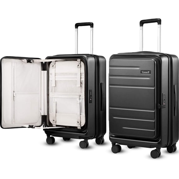 LUGGEX Checked Luggage with Spinner Wheels, FLO5 Opening Expandable Polycarbonate Hard Shell Suitcase with TSA Approved Lock (FX-, Black, 24 Inch)