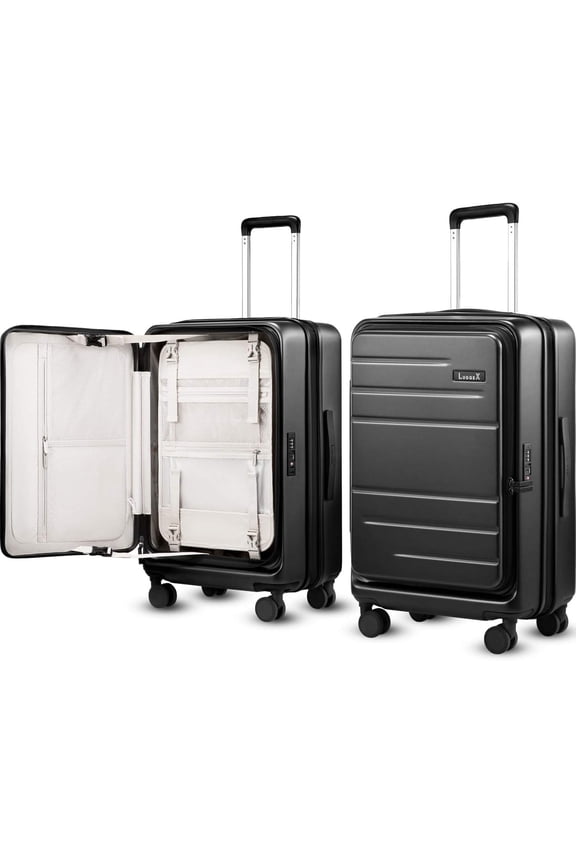 LUGGEX Checked Luggage with Spinner Wheels, FLO5 Opening Expandable Polycarbonate Hard Shell Suitcase with TSA Approved Lock (FX-, Black, 24 Inch)