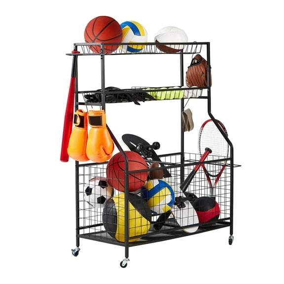 LUGO® Garage Sports Equipment Organizer with Wheels, Ball Storage Rack with Baskets and Hooks
