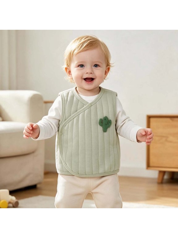 Baby Quilted Vest Sleeveless Cute Elephant Wrap Front Snap Button Warm Padded Jacket Soft Lightweight Layering Outerwear Infant Toddler Fall Winter Clothing