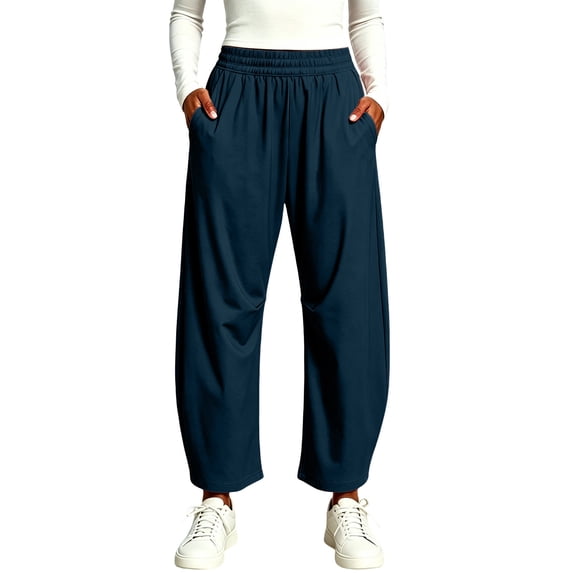 LUGOGNE Barrel Leg Pants Women Baggy Elastic Waist Pants Flowy Comfy Lounge Work Office Trousers with Pockets Dark Blue,L