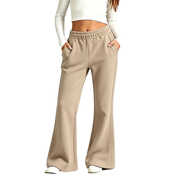 LUGOGNE Big Girls Flared Fleece Sweatpants Girls Uniform Pants Comfortable Loose Fit Winter Warm Joggers Back to School Trousers with Pockets