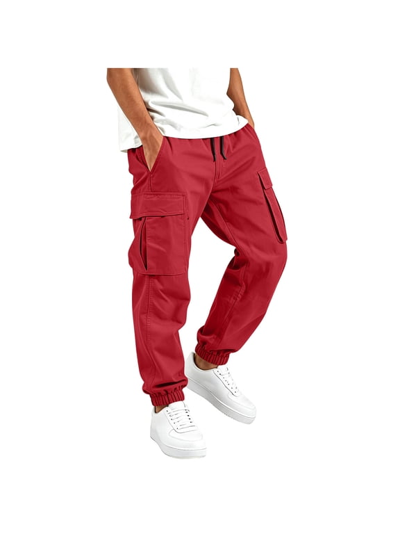 Boys Cargo Joggers Kids Stretch Slim Fit School Uniform Chino Pants with Multi Pockets Red,Size 12