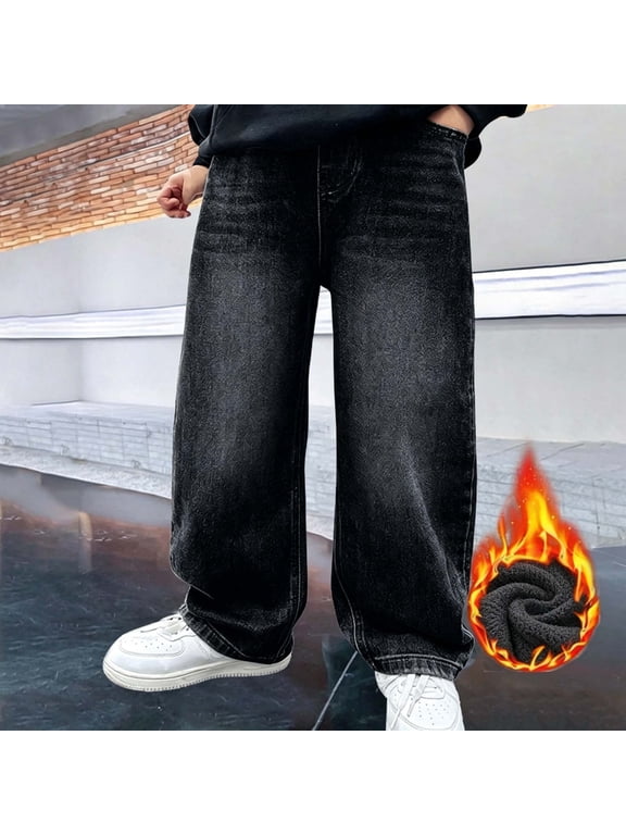 Boys Fleece Lined Denim Pants Kids Winter Warm Jean Pants Relaxed Loose Fit Everyday School Uniform Bottoms with Pockets Black,Size 16