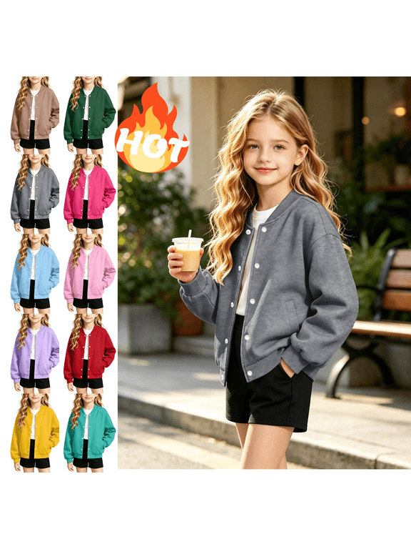 Boys Girls Bomber Jacket Fleece Lined Button Down Varsity Jackets Kids Solid Color Outdoor Casual Baseball Coat with Pockets