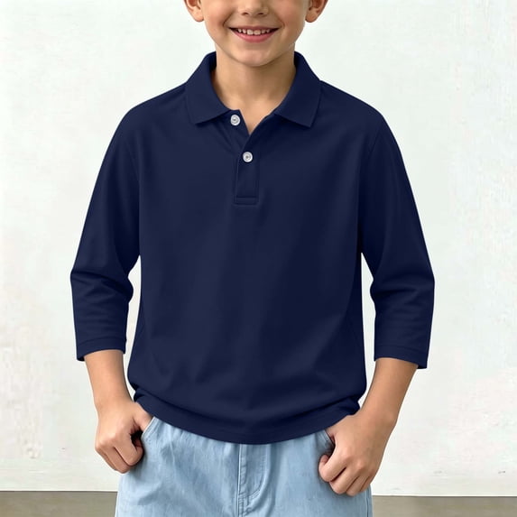 LUGOGNE Boys Girls Collared Shirt 3/4 Sleeve Quick Dry Breathable Sports T‑Shirts Kids Casual Back to School Tops