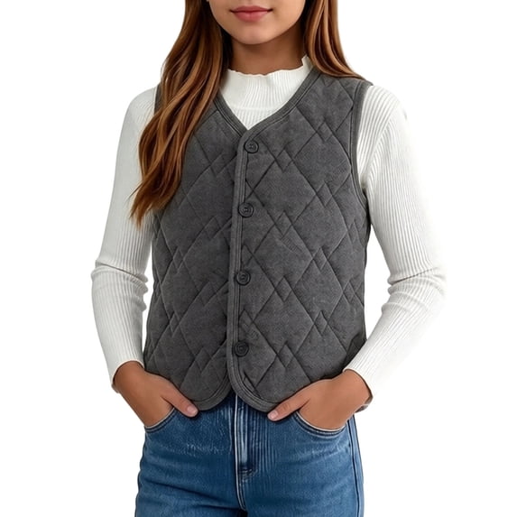 LUGOGNE Boys Girls Quilted Vest Button Front Sleeveless V Neck Lightweight Padded Jacket with Diamond Stitching Kids Spring Fall School Daily Casual Layering Outerwear