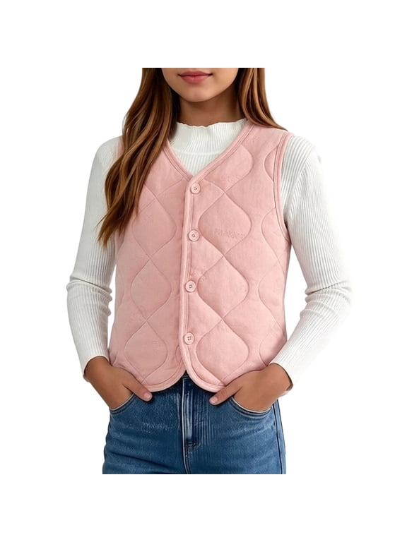 Boys Girls Quilted Vest Button Front Sleeveless V Neck Lightweight Padded Jacket with Wave Stitching Kids Everyday Casual Layering Outerwear for Spring Fall School