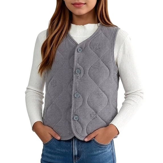 LUGOGNE Boys Girls Quilted Vest Button Front Sleeveless V Neck Lightweight Padded Jacket with Wave Stitching Kids Everyday Casual Layering Outerwear for Spring Fall School