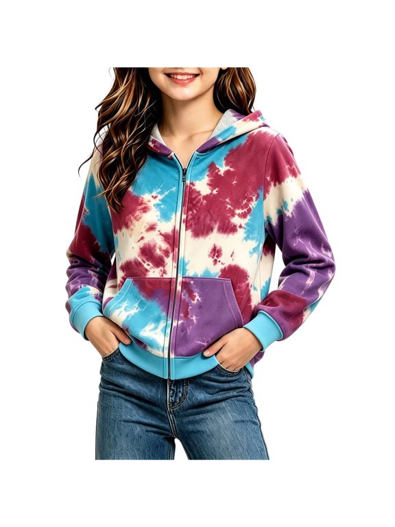 Boys Girls Tie Dye Hoodie Zip Up Long Sleeve Hooded Sweatshirt Jacket Kids Casual Layer School Clothing with Pockets