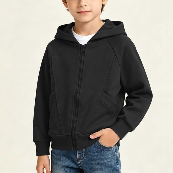 LUGOGNE Boys Girls Zip Up Hoodie Toddler Kids Raglan Sleeve Hooded Sweatshirt Back to School Layering Solid Active Jacket with Pockets Black,9-10 Years