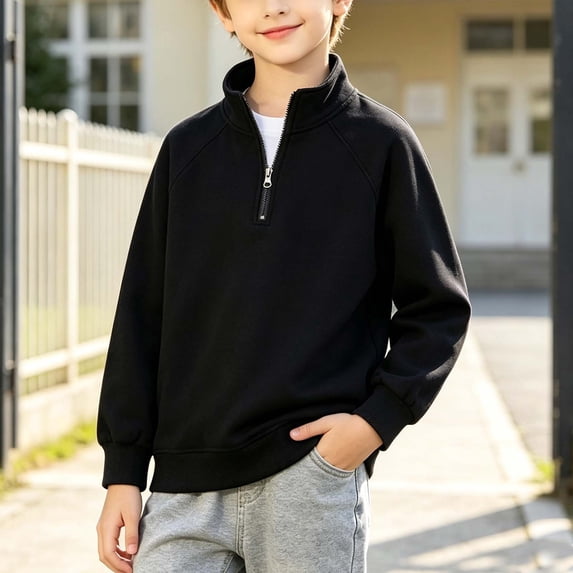 LUGOGNE Boys Half Zip Sweatshirt Raglan Sleeve Mock Neck Pullover Tops Soft Comfortable Casual Fashion School Uniform Black,12-13 Years