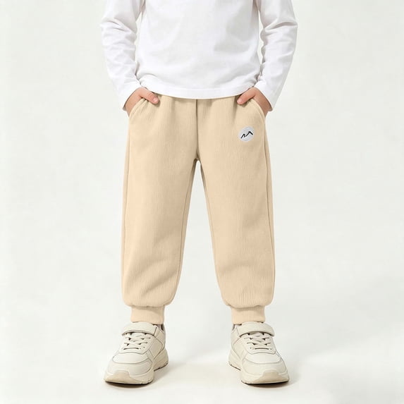 LUGOGNE Boys Jogger Pants Warm Fleece Lined Active Sweatpants Textured Kids Fall Winter Clothing with Pockets Beige,Size 2 T