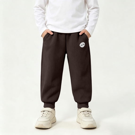 LUGOGNE Boys Jogger Pants Warm Fleece Lined Active Sweatpants Textured Kids Fall Winter Clothing with Pockets Coffee,Size 7
