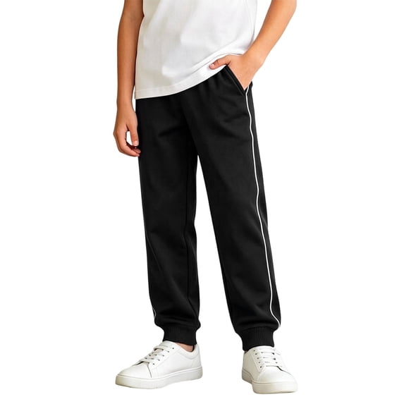 LUGOGNE Boys Joggers Kids Uniform Pants Side Stripes Pull-On Elastic Waist Athletic Sweatpants for Sports Active Play and School