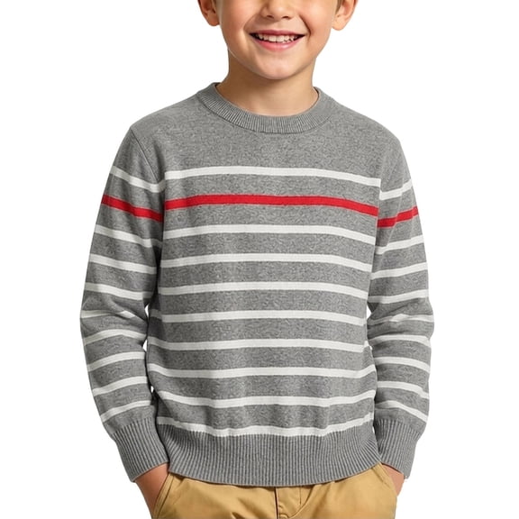 LUGOGNE Boys Striped Sweater Kids Crewneck Knit Pullover Long Sleeve Casual Warm Jumper Tops for Fall Winter School Uniform Gray,Size 7