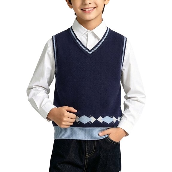 LUGOGNE Boys Sweater Vest Sleeveless Knit Pullover Waistcoat Striped Trim School Uniform Casual Warm Fall Winter Tops Kids Clothing Blue,Size 14