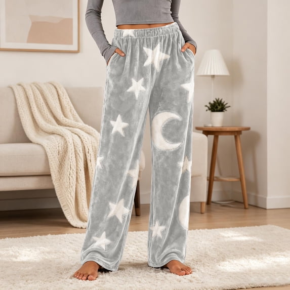 LUGOGNE Fuzzy Fleece Pants Women Warm Winter Pajama Pants Star Moon Print Soft Comfortable Home Casual Bottoms with Pockets Gray,XXXL