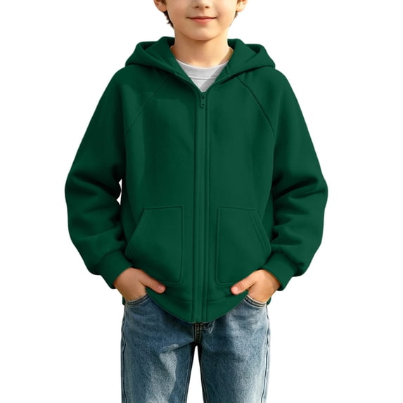 LUGOGNE Girls Boys Full Zip Hoodie Oversized Hooded Sweatshirt Drop Shoulder Back to School Solid Jacket with Pockets Green,7 Years