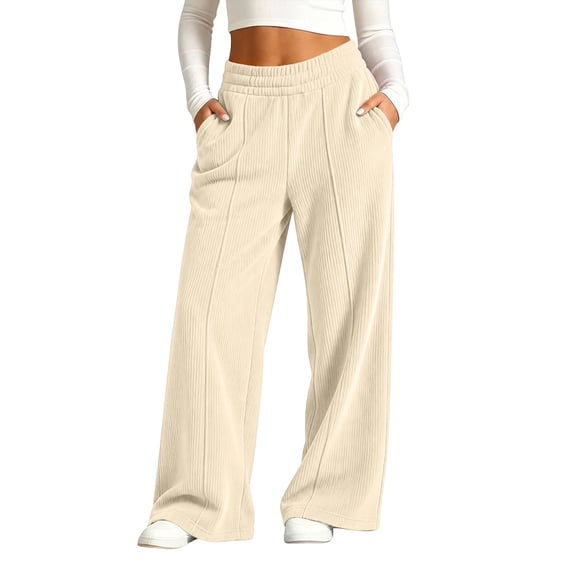 LUGOGNE Girls Corduroy Pants with Pockets - Elastic Waist Straight Leg Casual Sweatpants Kids Clothing Beige,Size 6