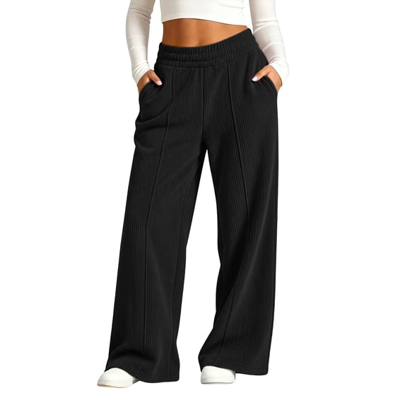 LUGOGNE Girls Corduroy Pants with Pockets - Elastic Waist Straight Leg Casual Sweatpants Kids Clothing Black,Size 14
