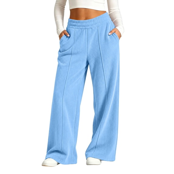 LUGOGNE Girls Corduroy Pants with Pockets - Elastic Waist Straight Leg Casual Sweatpants Kids Clothing Blue,Size 14