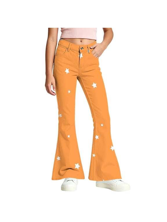 Girls Flare Pants Star Print High Waist Button Fly Bell Bottom Pants Kids Clothing with Pockets Orange,Size 4