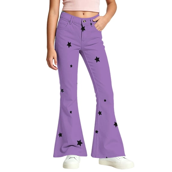 LUGOGNE Girls Flare Pants Star Print High Waist Button Fly Bell Bottom Pants Kids Clothing with Pockets Purple,Size 8